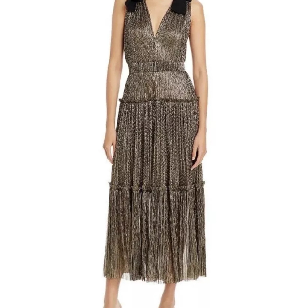Sabina Musayev Gold Black Bow Gown Belted Midi Maxi Ray Dress Sz S